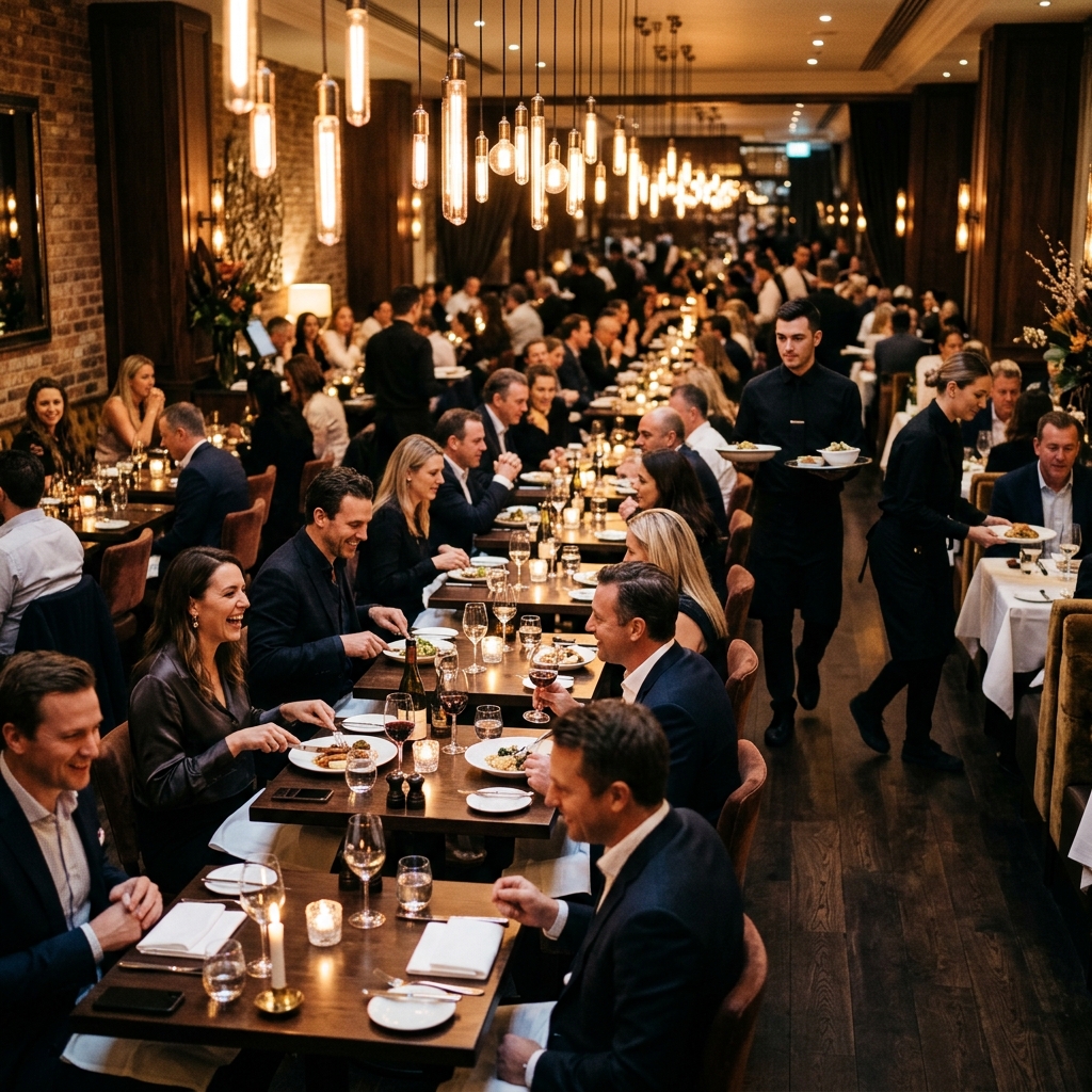 Bustling crowded restaurant dining room floor with busy waiters serving diners during peak service rush