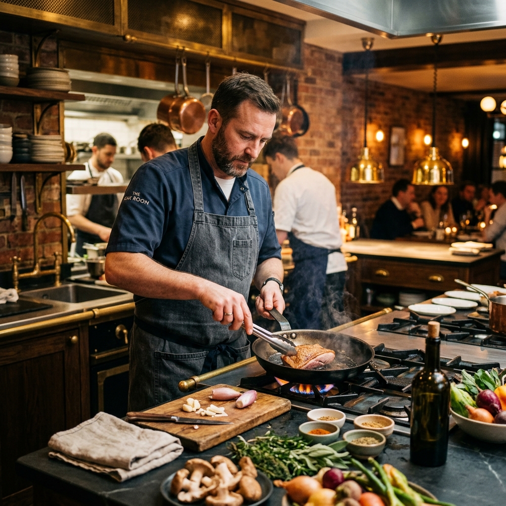 Professional chef preparing gourmet food in a warm, modern open-concept restaurant kitchen